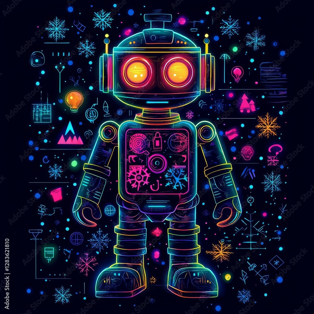 Poster neon robot: a vibrant neon robot stands in a display of futuristic designs, with intricate circuits 