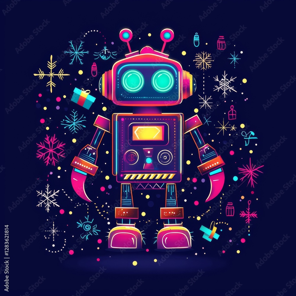 Poster festive robot in wonderland: a cheerful robotic figure stands amidst a dazzling array of snowflakes 