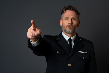 Pilot in uniform points confidently at miniature airplane model in studio setting