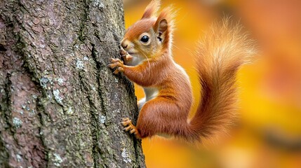 Obraz premium Adorable reddish-orange squirrel climbing a textured tree trunk during autumn season in a natural setting
