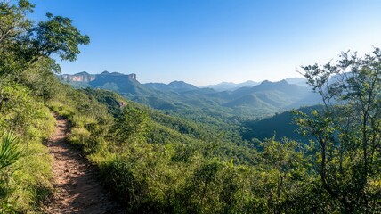 Fototapeta premium Mountain Hiking Trail Panoramic View Lush Green Forest Valley