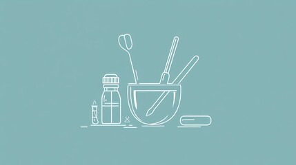 A thin-line icon symbolizing mouthwash, featuring dentist tools in a minimalist stroke design, optimized for web graphics