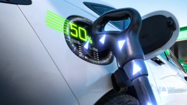 An electric vehicle charging high-voltage energy at an EV charging station replenishes its battery using direct current (DC) power delivered through a charging cable to the vehicle's onboard battery