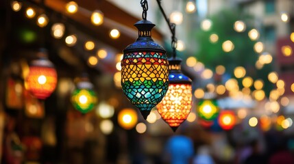 Colorful Hanging Lanterns in Urban Market with Blurred Lights