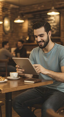 A man in a casual setting using a tablet at a cafe, with coffee on the table.