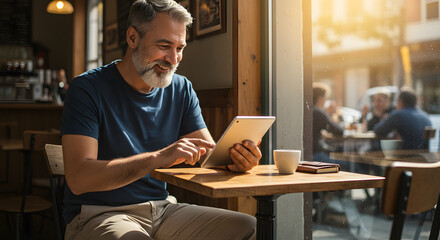 A man in a casual setting using a tablet at a cafe, with coffee on the table.