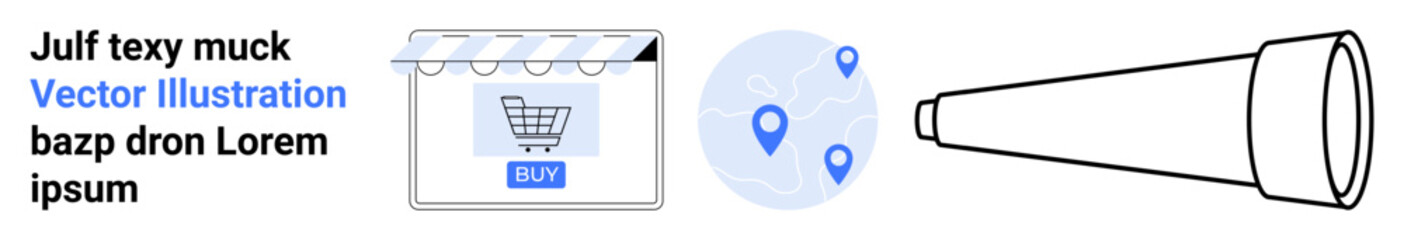 Digital storefront with Buy button, map with geolocation pins, and telescope concept. Ideal for e-commerce, navigation, exploration, marketing, online shopping, analytics flat landing page banner
