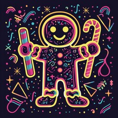 Fototapeta premium Groovy Gingerbread: A playful and modern illustration of a gingerbread man with a candy cane in a vibrant neon color palette against a dark background.