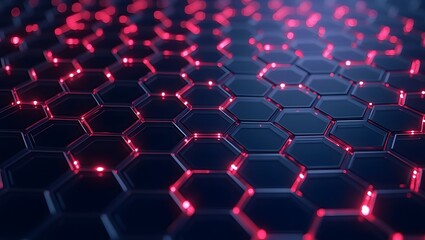 Obraz premium A futuristic and eye-catching honeycomb puzzle design made of interlocking hexagonal buttons. Each hexagon has a soft red neon glow effect, making it perfect for use as wallpaper.