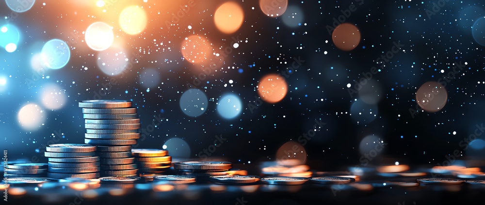 Poster stacked coins with sparkling background create vibrant financial theme, symbolizing wealth and inves