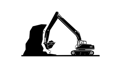 excavator destroying rock, black isolated silhouette