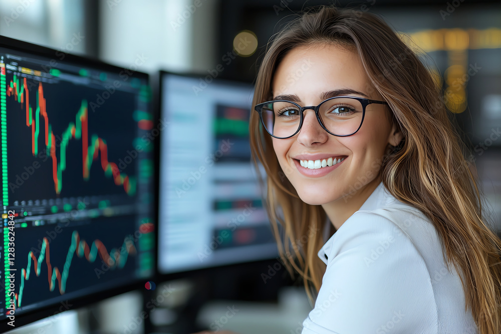 Poster young woman with glasses smiles confidently while working at desk with multiple computer screens dis