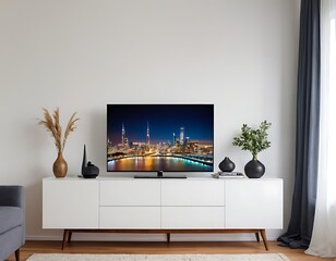 Wall for tv in living room, white walls.indoor, apartment, display, furniture, lamp, living room, monitor, parquet, pillow, room, screen, sofa, television, interior, home, modern, 96