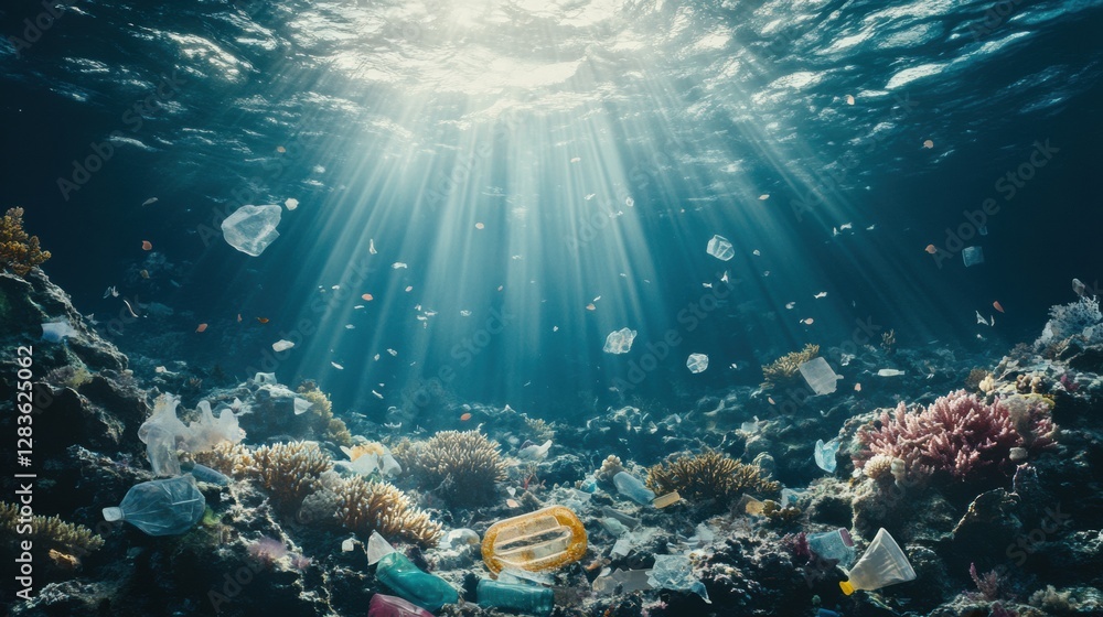 Poster Underwater ecosystem degradation with dead corals and plastic waste illuminated by dim light rays. Generative AI