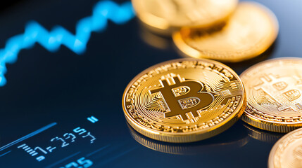 Golden Bitcoin coins on digital screen displaying market trends, symbolizing cryptocurrency investment and financial growth