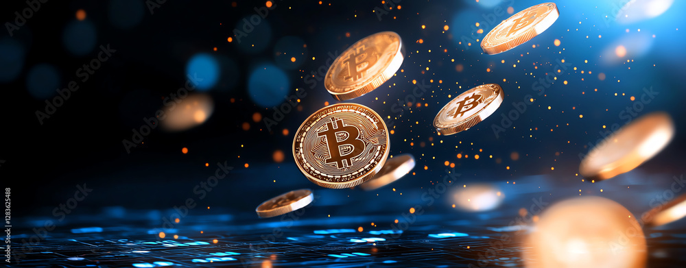Poster digital coins floating in futuristic environment, representing cryptocurrency and blockchain technol