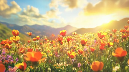 Obraz premium wildflower meadow A vibrant field of flowers illuminated by the golden glow of sunset, with mountains in the background.
