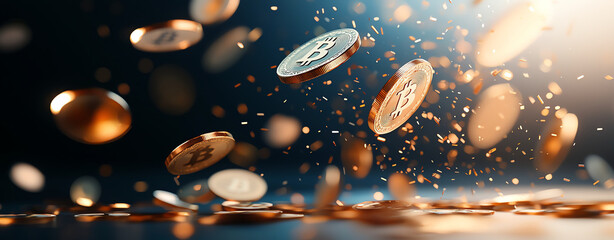 Digital coins falling with sparks, representing cryptocurrency and investment. image captures essence of financial technology and excitement of digital assets