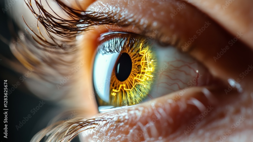 Poster Macro photograph of an eye with glowing streaks of light emanating from the iris, creating a futuristic vision concept related to technology, health, and innovation in ophthalmology