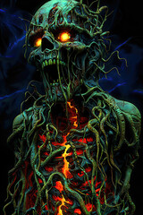 Monstrous demon emerges, a horror creature in dark fantasy. Twisted Golem with Terrifying Fusion of Decayed Body and Roots