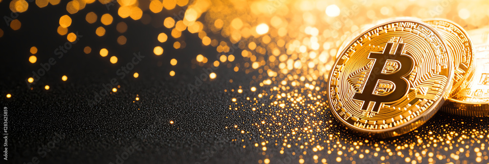 Poster golden bitcoin coins on black background with sparkling lights create luxurious and modern feel. thi