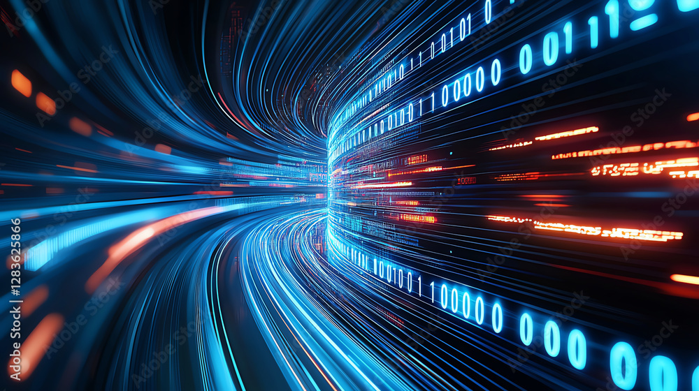 Poster futuristic digital background with flowing binary code and vibrant colors, creating sense of speed a