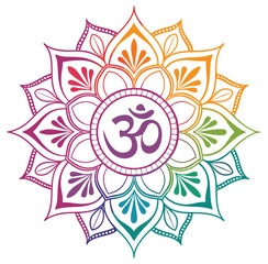 Vibrant mandala design featuring the Hindi 'OM' symbol at the center surrounded by intricate multi-colored floral patterns. A perfect blend of spirituality and decorative art for yoga studios 