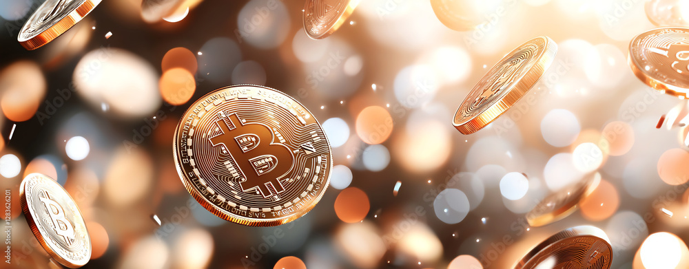 Poster falling bitcoins create dynamic scene filled with shimmering lights, symbolizing wealth and investme
