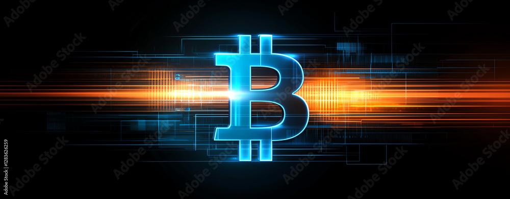 Poster digital background featuring glowing bitcoin symbol with vibrant colors and dynamic lines, represent