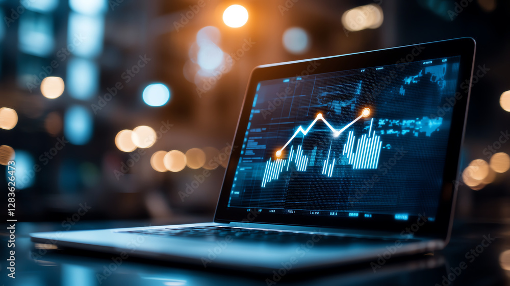Poster close up of laptop displaying stock market graph with data analysis, showcasing financial trends and