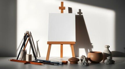 Drawing board with easel and drawing supplies around a white room