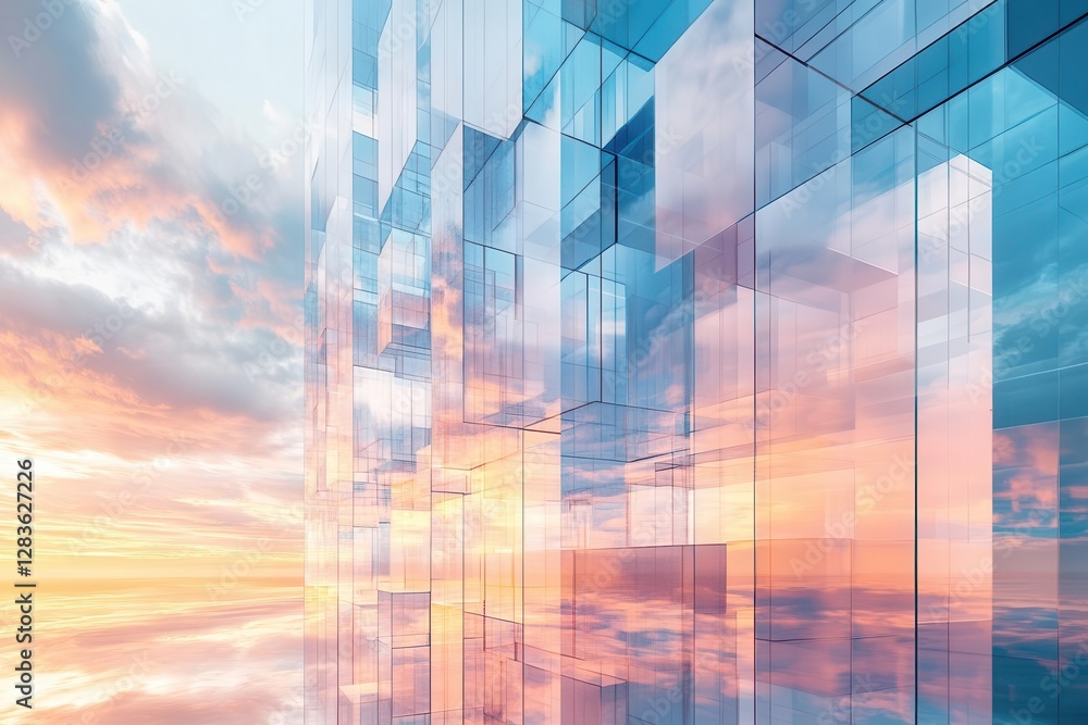 Wall mural futuristic glass skyscraper reflecting sunset clouds with parametric facade design and floating geom