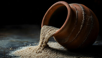 A clay pot, lying on its side, has sand covering the bottom.
