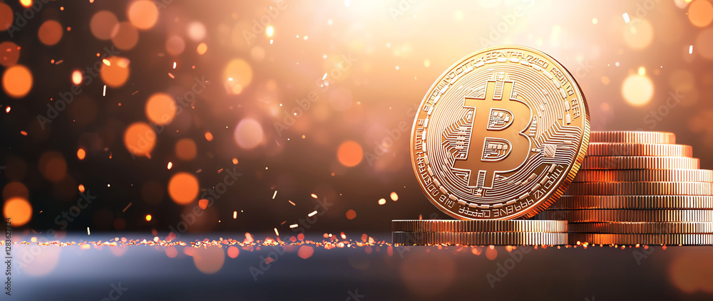 Poster golden cryptocurrency coin on stack of coins with sparkling background. image conveys sense of wealt