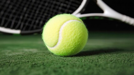 Tennis ball and racket on court