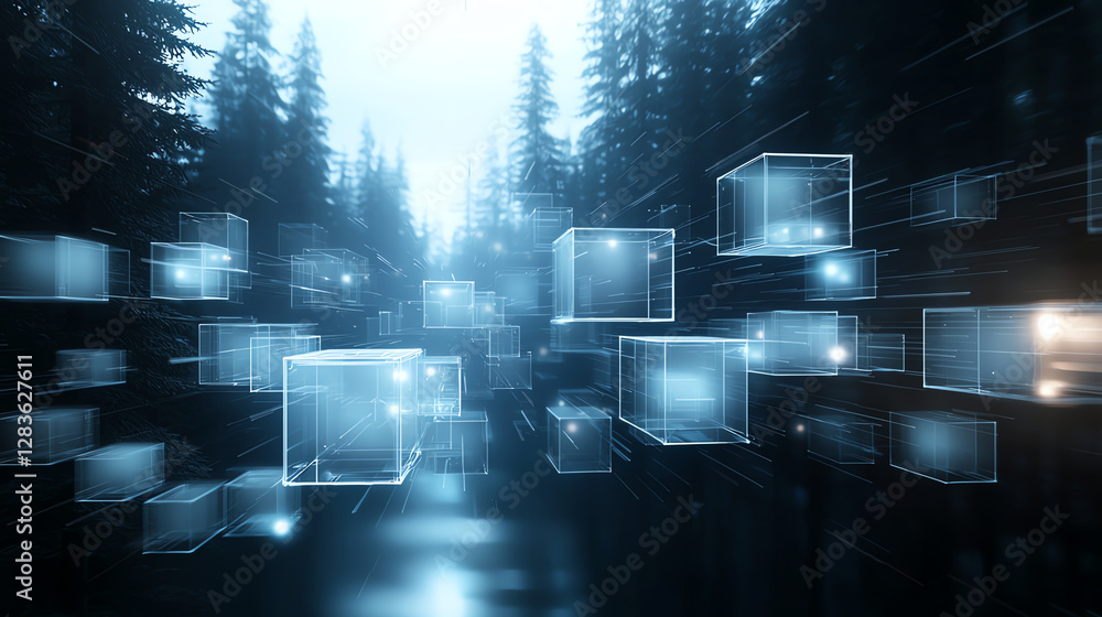 Poster digital forest with floating holographic cubes creates surreal atmosphere. ethereal light and depth 