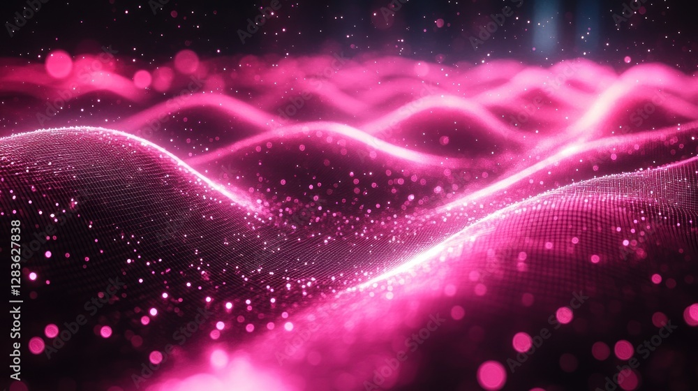 Poster abstract digital pink waves with glowing particles for futuristic technology background
