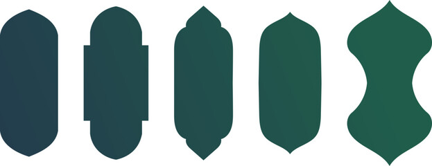Islam arches mosque windows shape collection of frames in green blue gradient color. Traditional Arabian flat design elements and décor. Muslim architecture geometric design vector illustration
