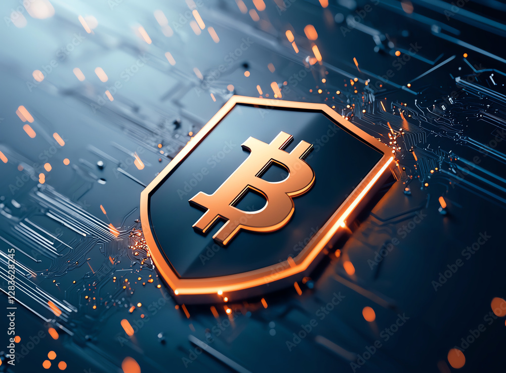 Poster 3d rendering of cyber metallic shield featuring bitcoin symbol, showcasing futuristic design with gl