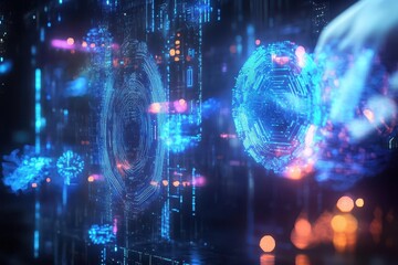 futuristic holographic interface displaying biometric authentication floating 3d security elements with glowing blue circuits cybernetic fingerprint scan and encrypted data streams