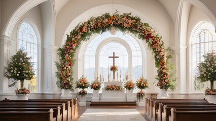 Fototapeta premium **Watercolor Church Logo with Flowers - Isolated on White Background**