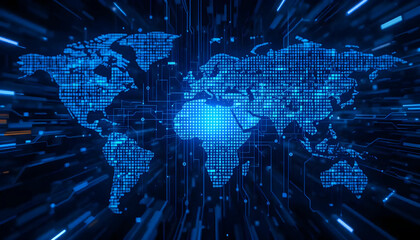 Future technology binary circuit board, blue cyber security concept background, high-speed digital internet abstract, motion blur, and pixel globe map