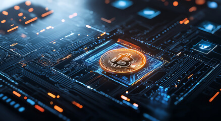 Fototapeta premium glowing Bitcoin logo icon on digital circuit board, symbolizing cryptocurrency technology and innovation. vibrant colors and intricate design evoke sense of modern finance