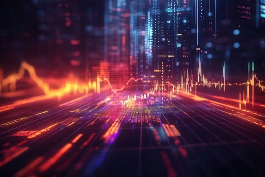 futuristic holographic stock market data overlaid on dramatic american flag waving in sunset with glowing grid lines