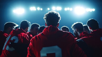 College stadium with the players huddling for a strategy session. Featuring teamwork and determination