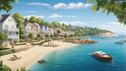 Naklejka premium 1. **Saint-Briac-sur-Mer Castle, Beach, and Natural Harbor Panoramic View, Ille-et-Vilaine, Brittany, France**