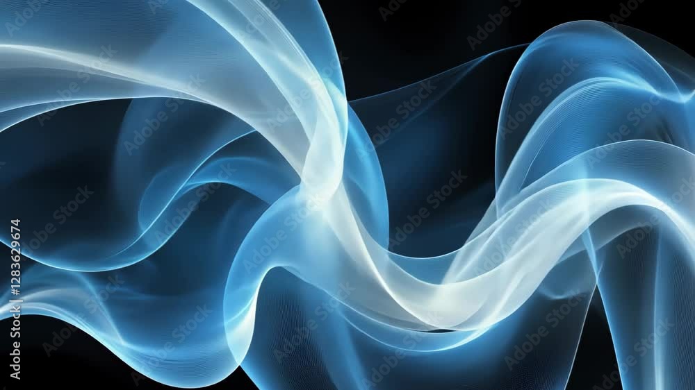 Poster flowing abstract blue and white waves on a black background create a serene and dynamic visual exper