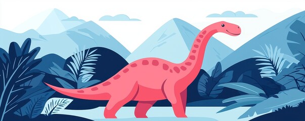 Pink Dinosaur in Lush Tropical Landscape Mountains Background Cartoon Illustration