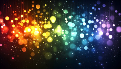 Abstract, colorful, glowing bokeh lights background. Dark blue background with multicolored lights and stars