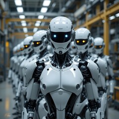 Futuristic robots form line in industrial setting. Leader robot in front. Robots standing in row in factory. Advanced technology concept. AI, robotics team. Cybernetic machines look determined. 